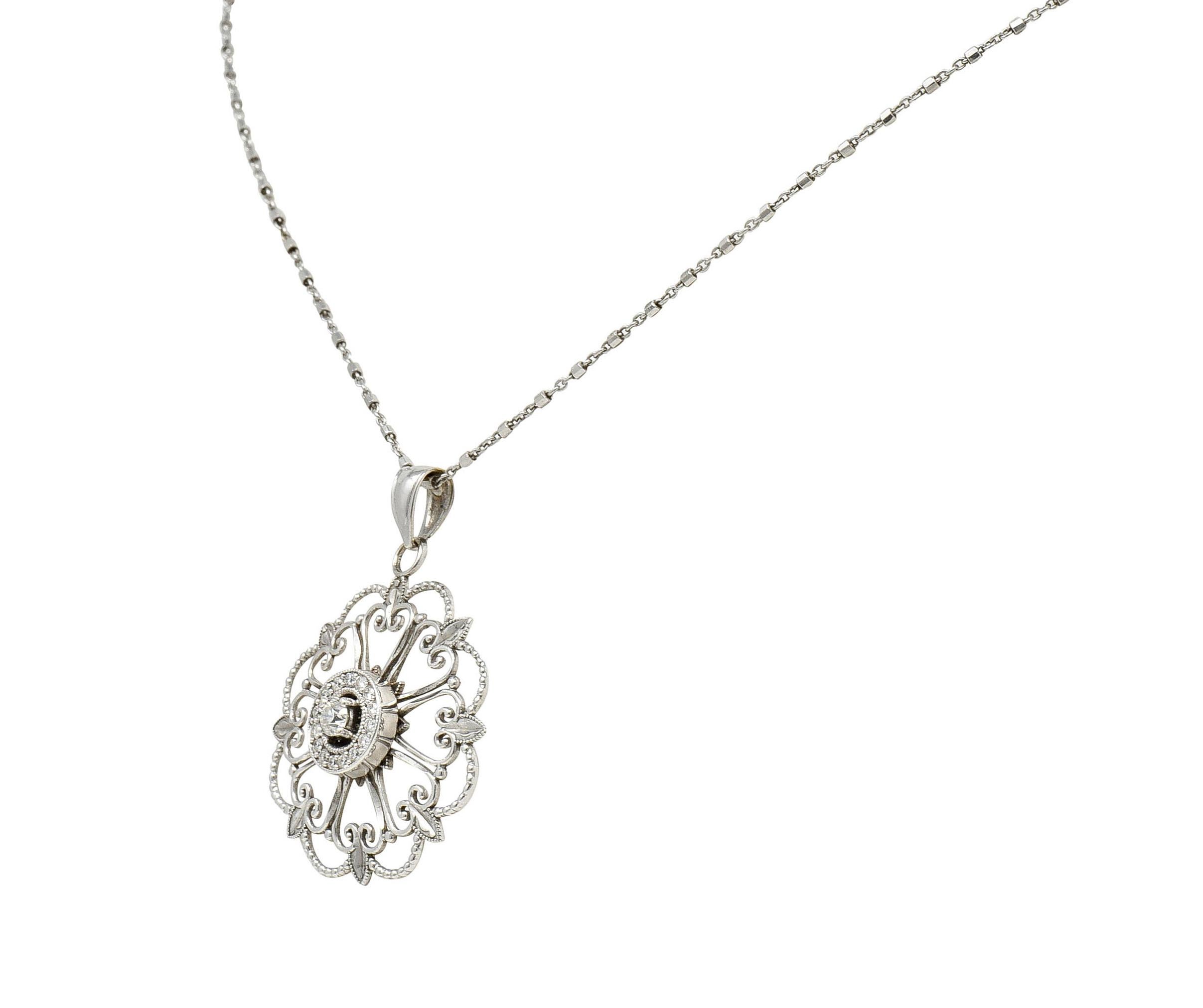 Modern Diamond 14 Karat White Gold Floral Mandala Pendant Necklace In Excellent Condition In Philadelphia, PA