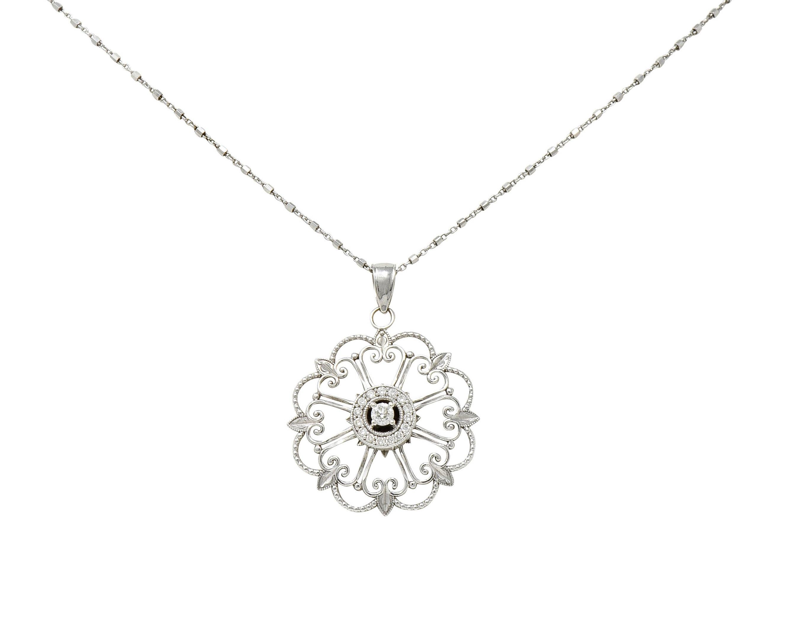 Modern Diamond 14 Karat White Gold Floral Mandala Pendant Necklace 3