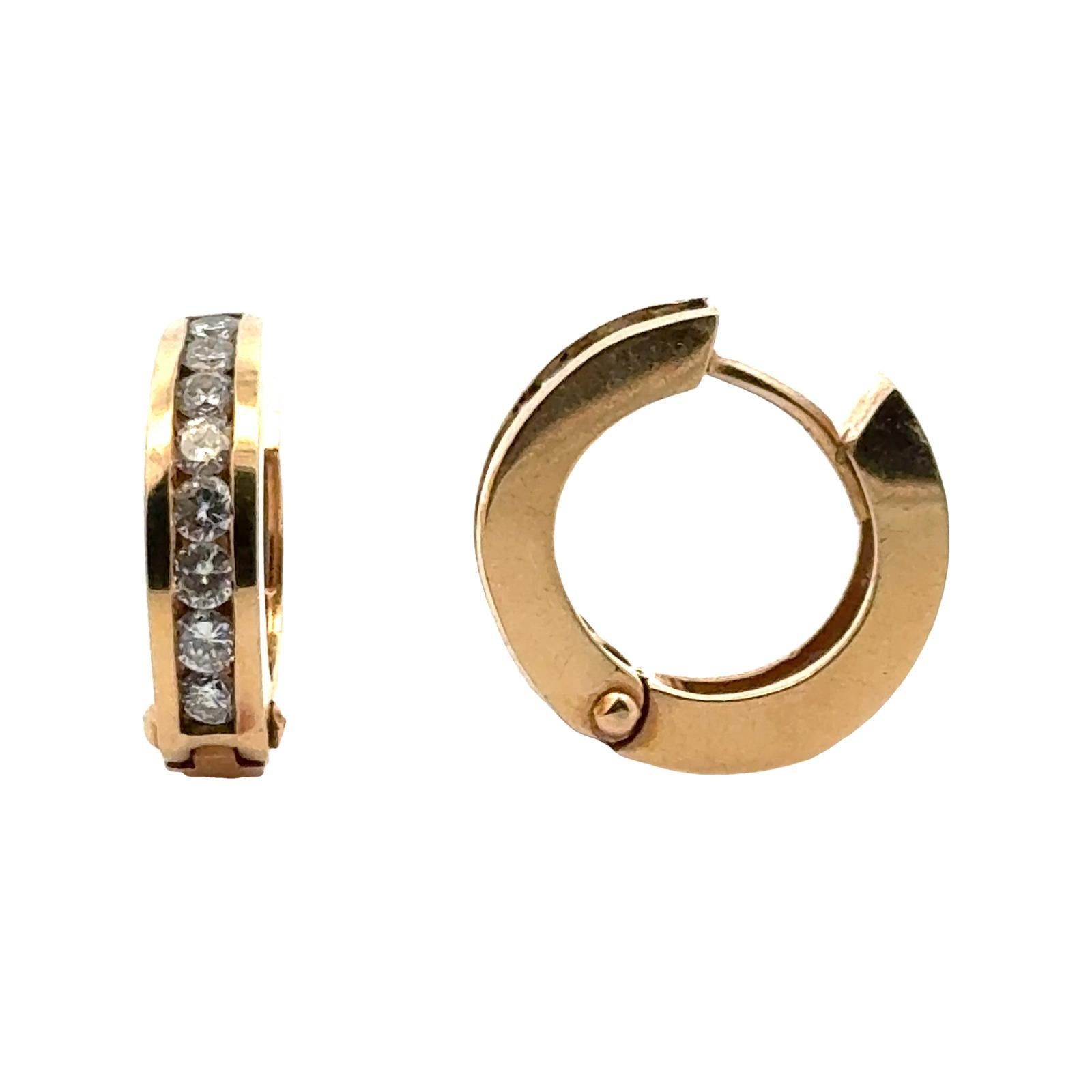 Round Cut Modern Diamond 14 Karat Yellow Gold Channel Set Hoop Earrings For Sale