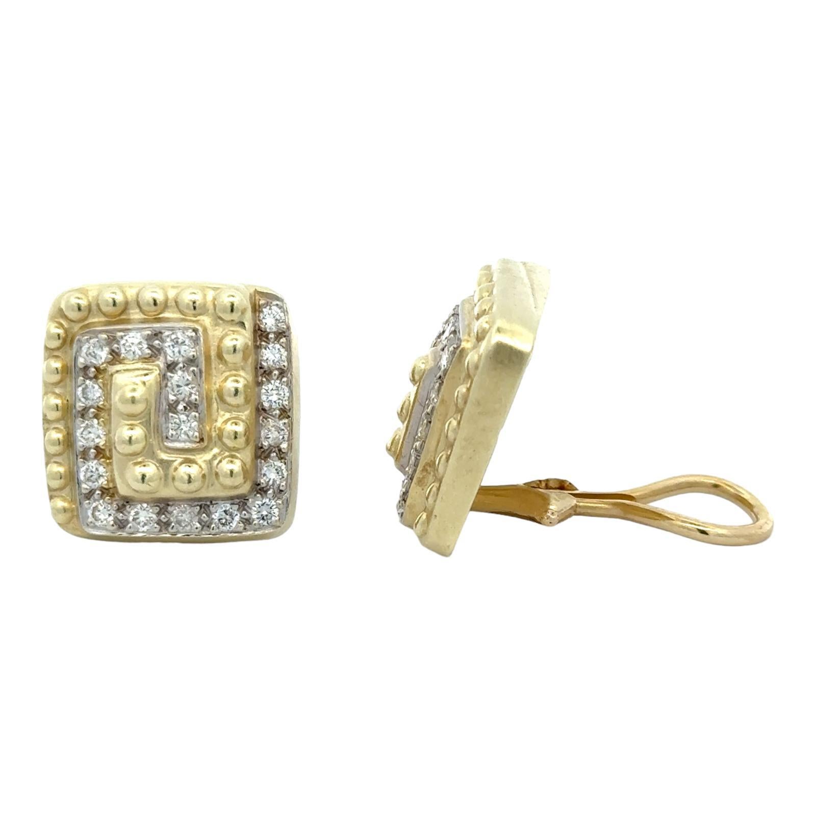 Modern Diamond 14 Karat Yellow Gold Swirl Square Earclip Earrings In Good Condition For Sale In Boca Raton, FL