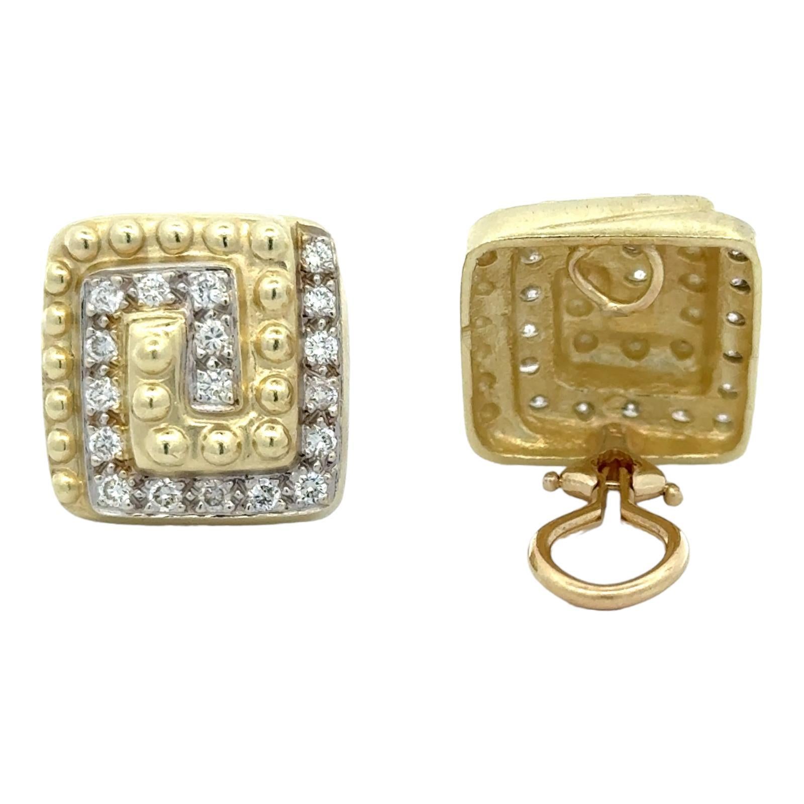 Women's Modern Diamond 14 Karat Yellow Gold Swirl Square Earclip Earrings For Sale