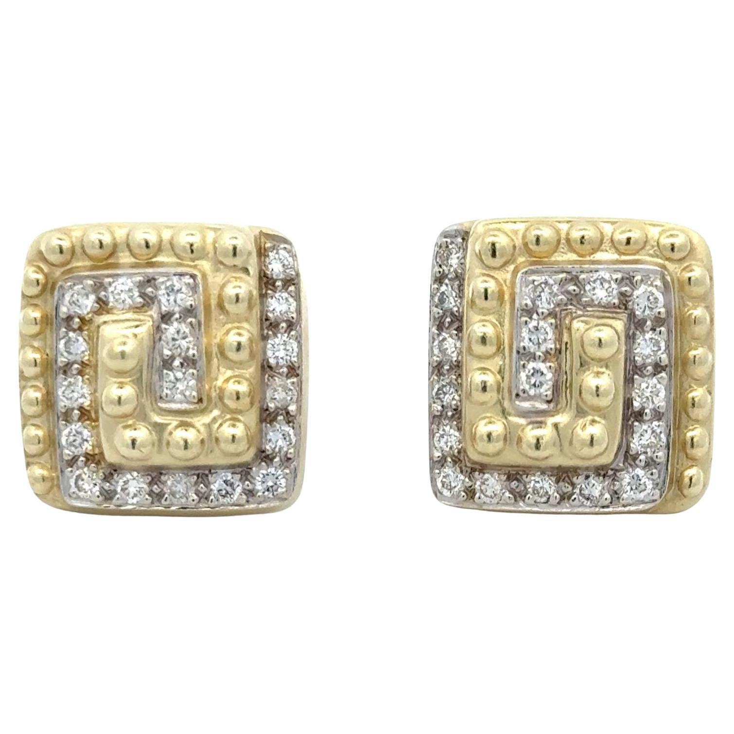 Modern Diamond 14 Karat Yellow Gold Swirl Square Earclip Earrings