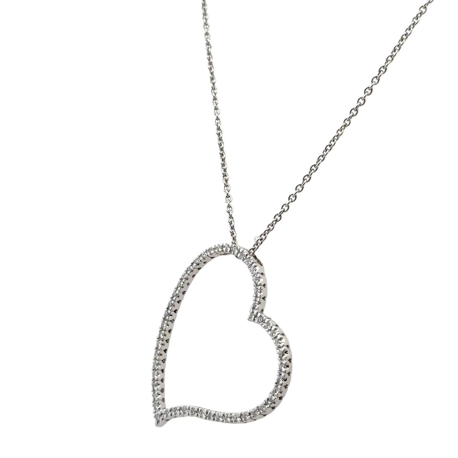 Moderne Collier pendentif moderne en or blanc 14 carats avec grand cœur flottant ouvert et diamant en vente