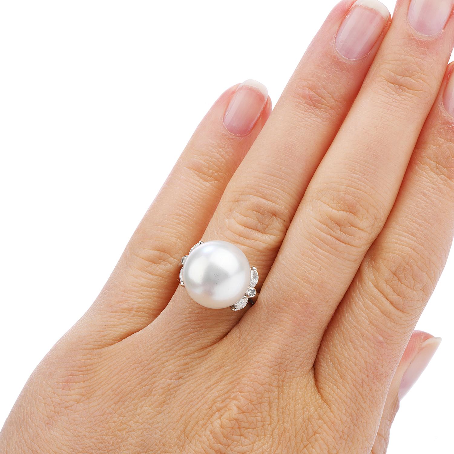 Modern Diamond South Sea Pearl Platinum Ring 1