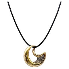 Modern Diamond 18 Karat Satin Finish Yellow Gold Moon Pendant Necklace