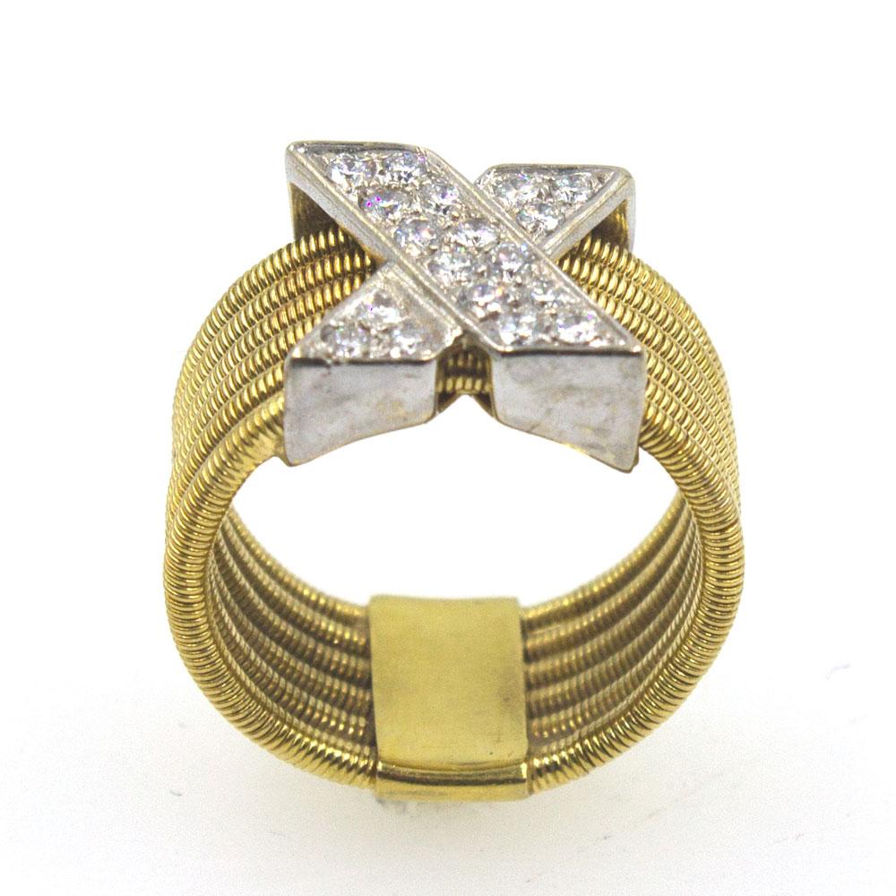 Round Cut Modern Diamond X  18 Karat Yellow Gold Wide Band Ring 