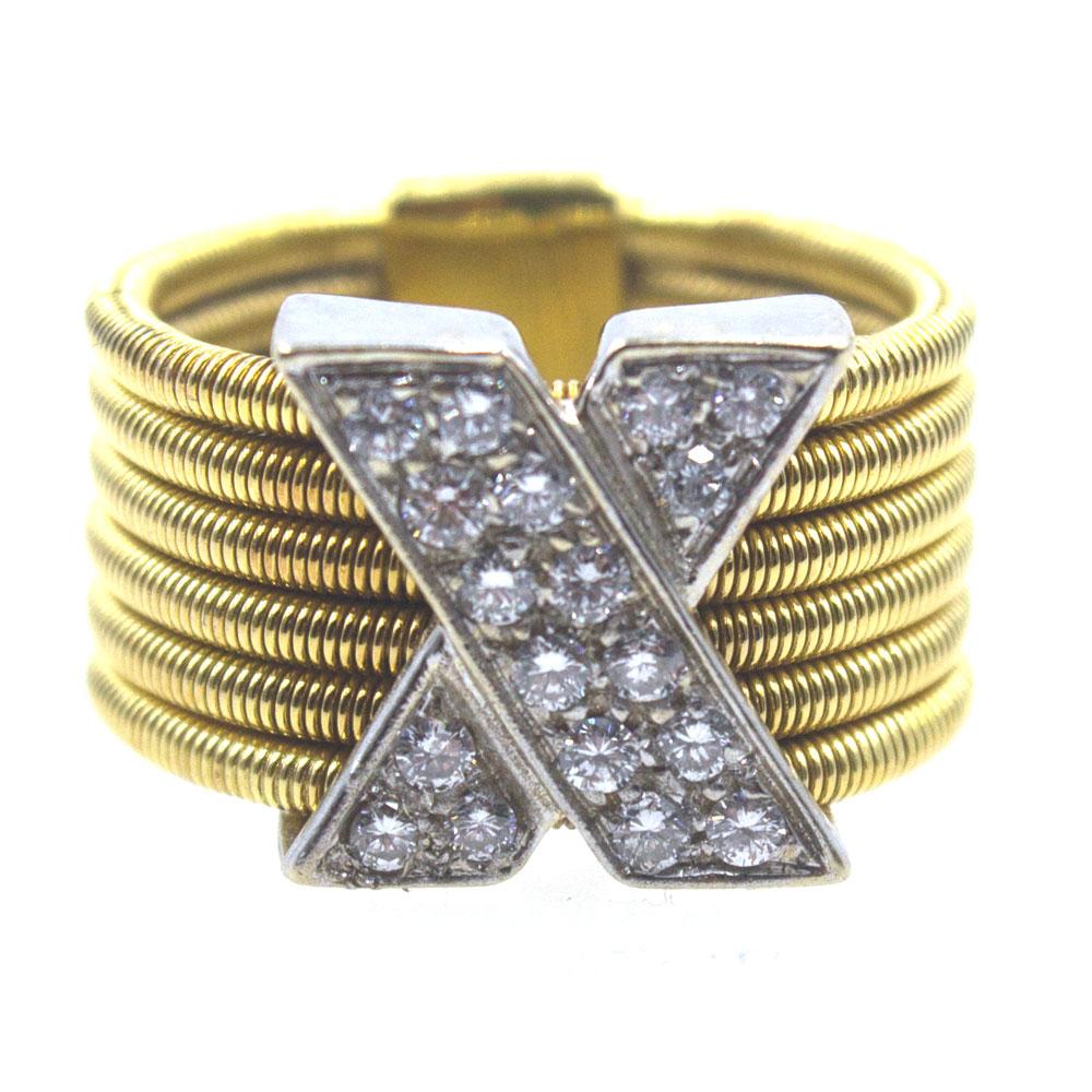 Modern Diamond X  18 Karat Yellow Gold Wide Band Ring  1