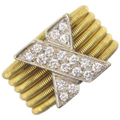Modern Diamond X  18 Karat Yellow Gold Wide Band Ring