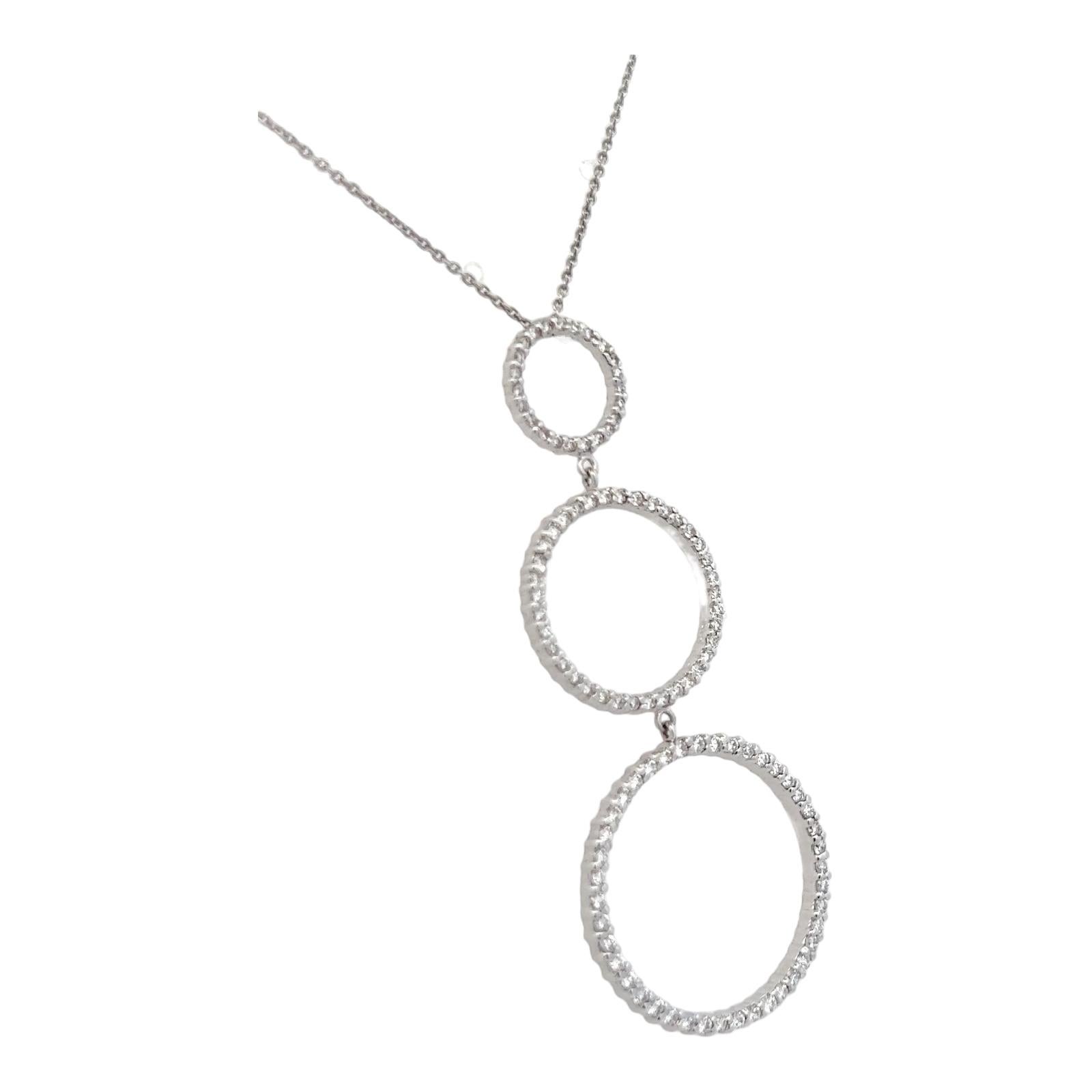 Round Cut Modern Diamond 18 Karat White Gold Triple Circle Pendant Drop Necklace For Sale