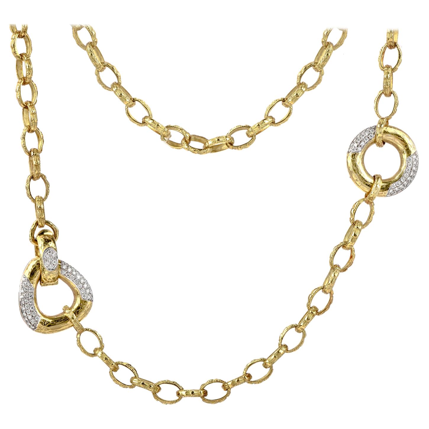 Modern Diamond 18 Karat Yellow Gold Long Textured Necklace