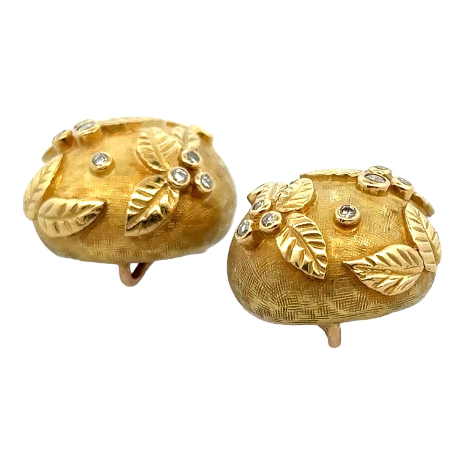 Round Cut Modern Diamond 18 Karat Yellow Gold Textured Leaf Earrings For Sale