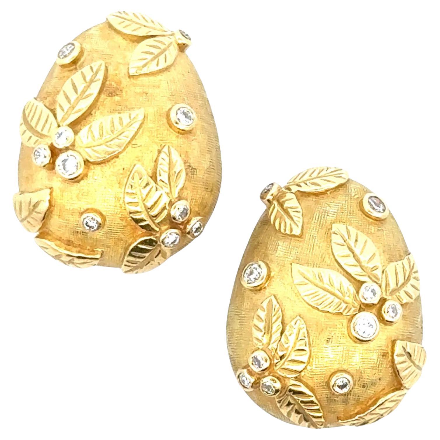 Modern Diamond 18 Karat Yellow Gold Textured Leaf Earrings For Sale