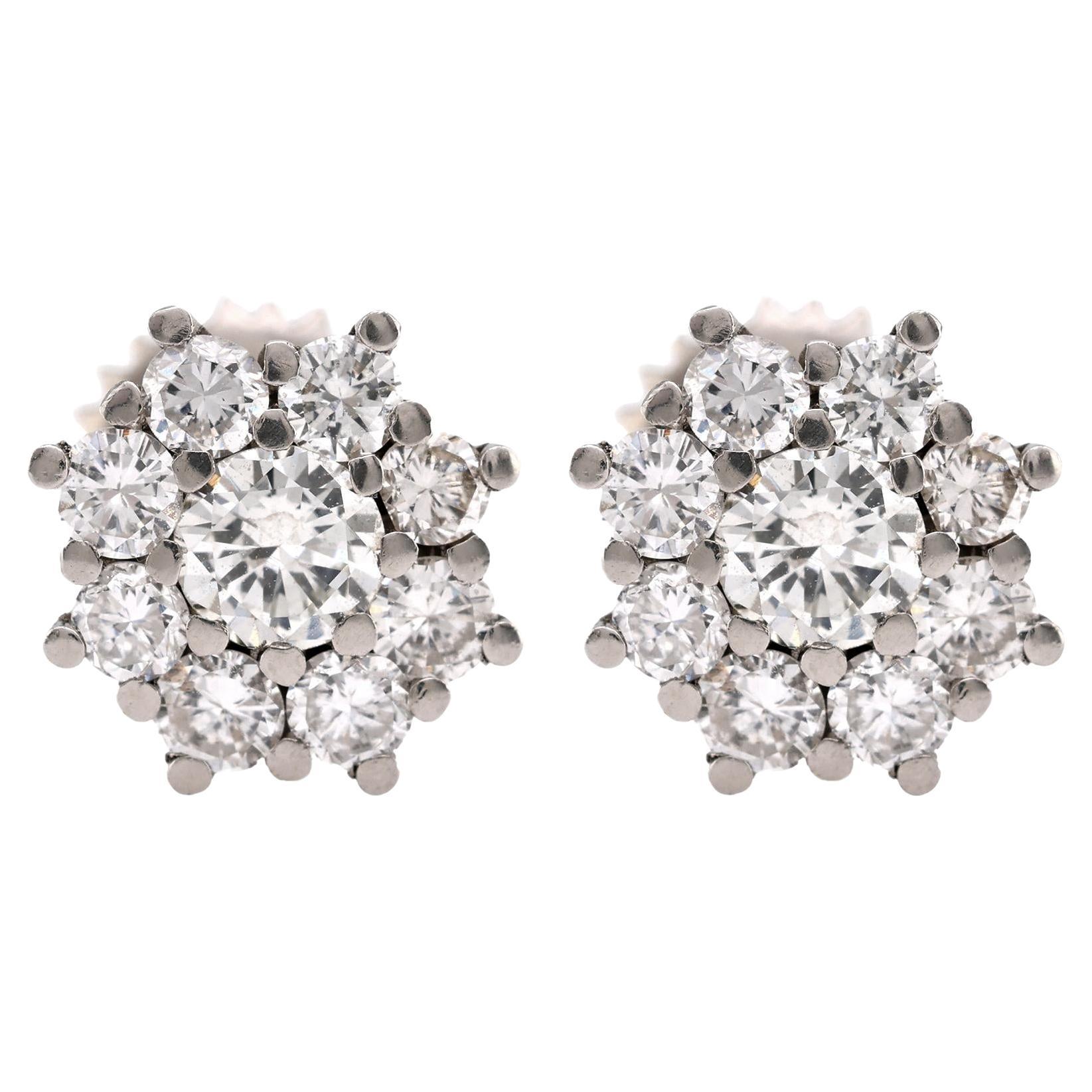 Modern Diamond 18K White Gold Cluster Earrings