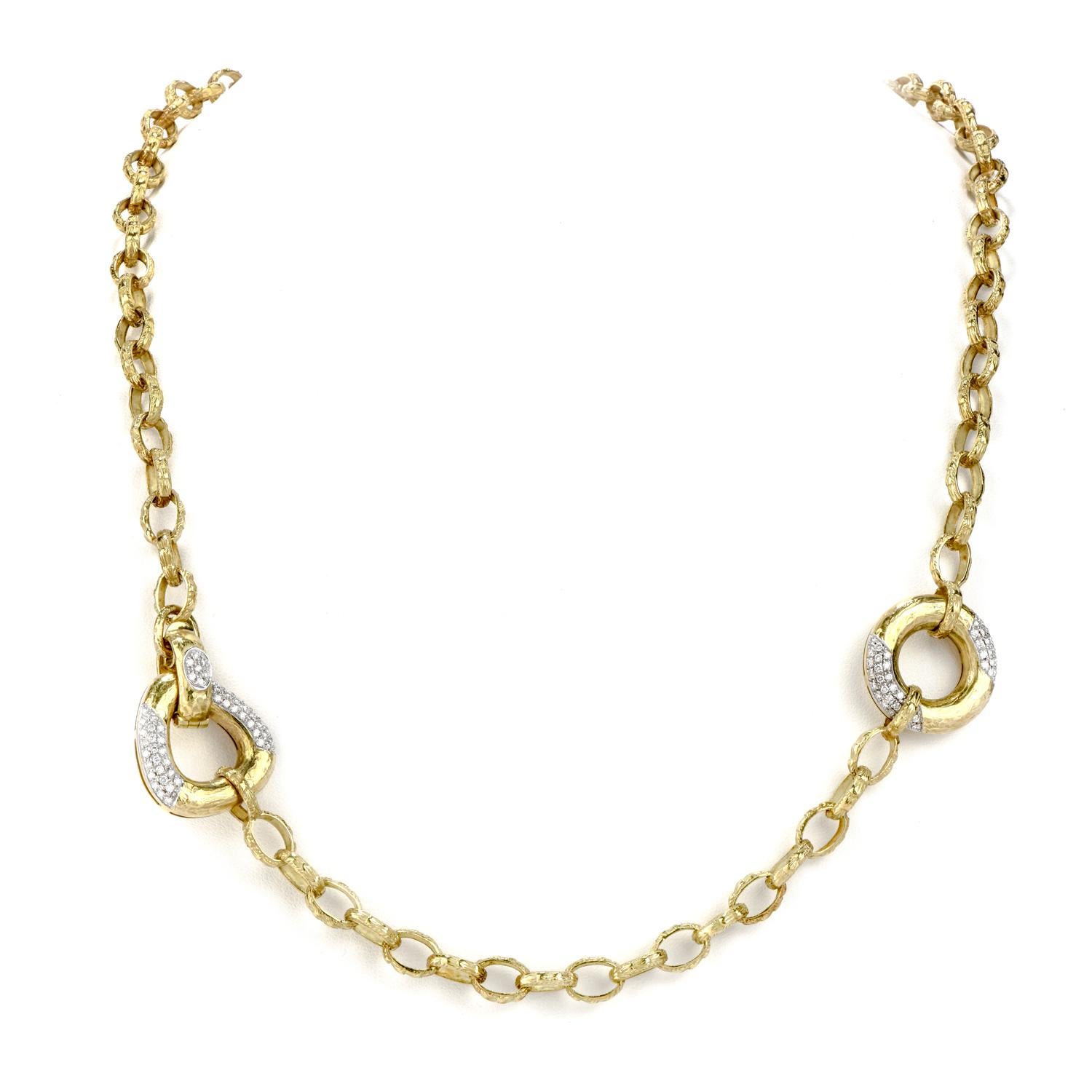 Decorate your outfit with ease with this Estate Diamond 18K Yellow Gold 32-Inch Long Textured Necklace. 

This 82.5-gram necklace has approximately 113 round cut genuine diamonds of 1.30 carats, G-H color and VS clarity. 

They are set in one round,