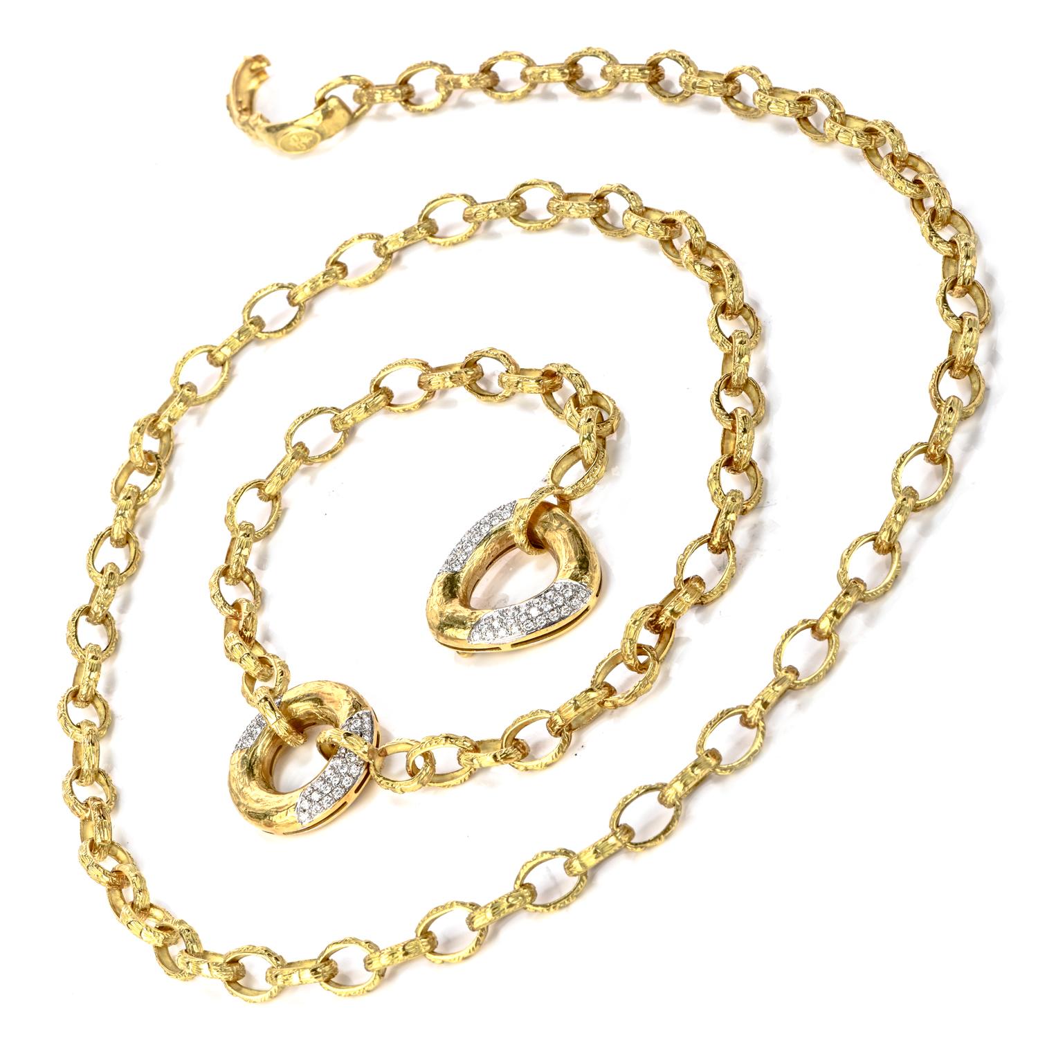 Round Cut Modern Diamond 18 Karat Yellow Gold Long Textured Necklace