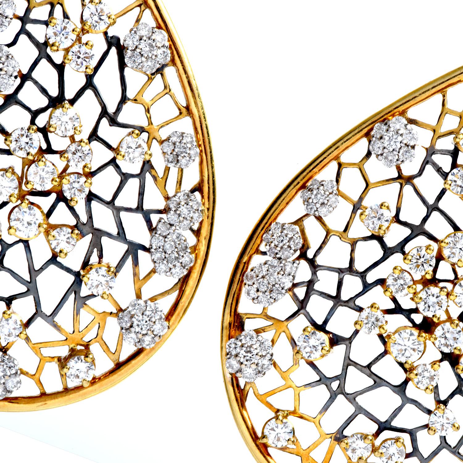 Spectacular royalty-inspired dangle drop earrings, with a spider web motif inner design & crown top accents.

Crafted in Solid 18K Yellow Gold, Oxicide Accents.

They magically present 456 round-cut center Diamonds weighing approximately