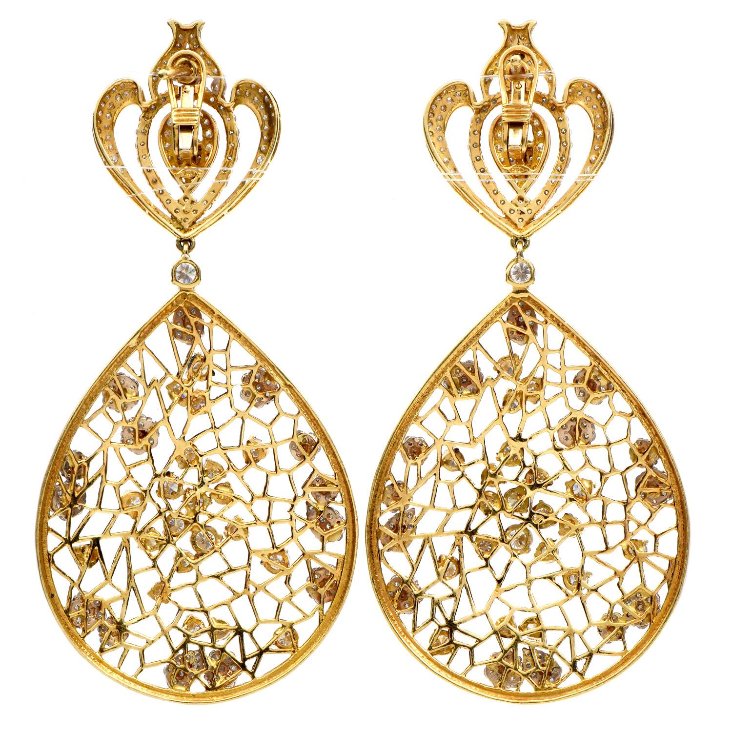 Women's Modern Diamond 18K Yellow Gold Royalty Crown Web Dangle Drop Earrings For Sale