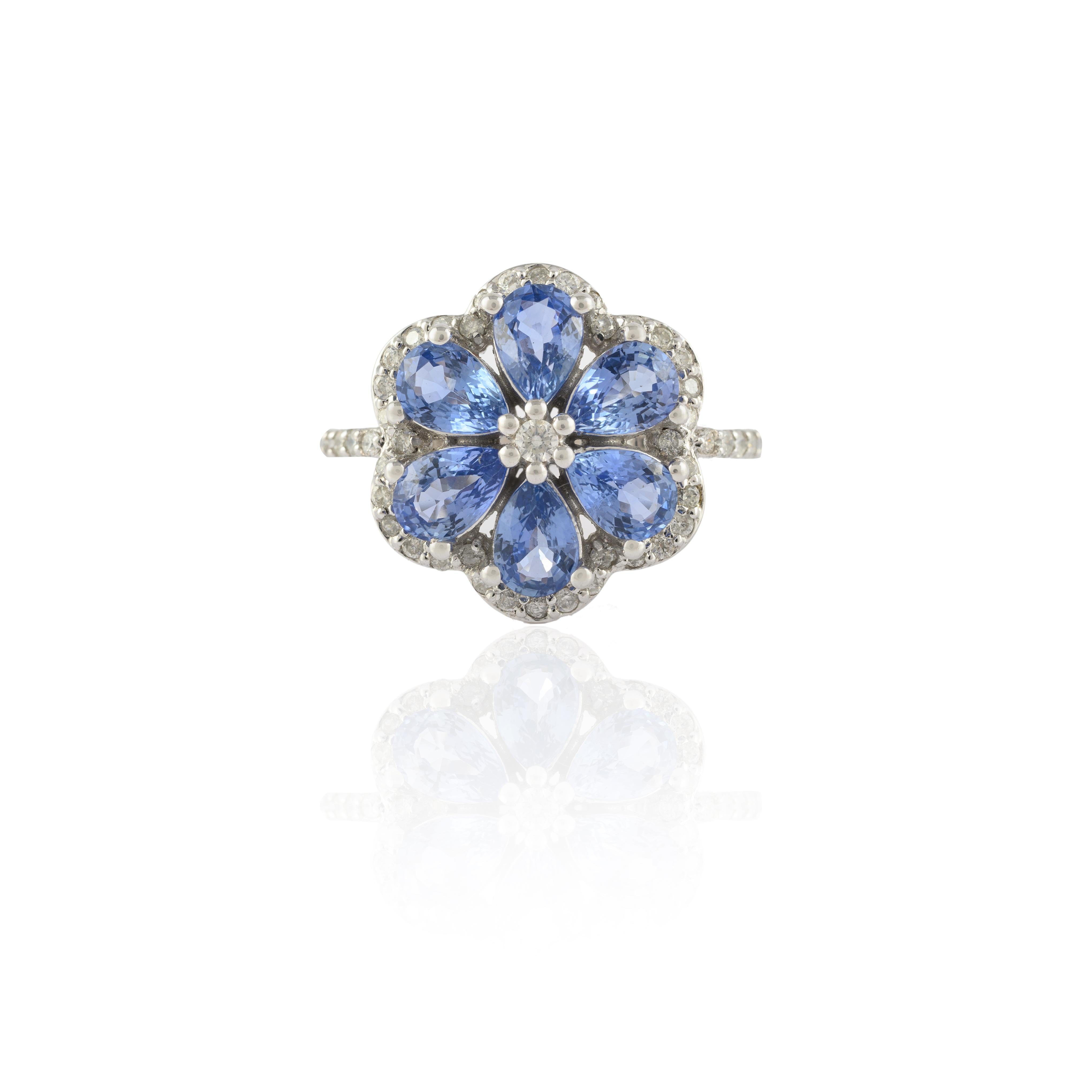 For Sale:  Modern Diamond 3.3 Carat Blue Sapphire Flower Ring 14k Solid White Gold 3