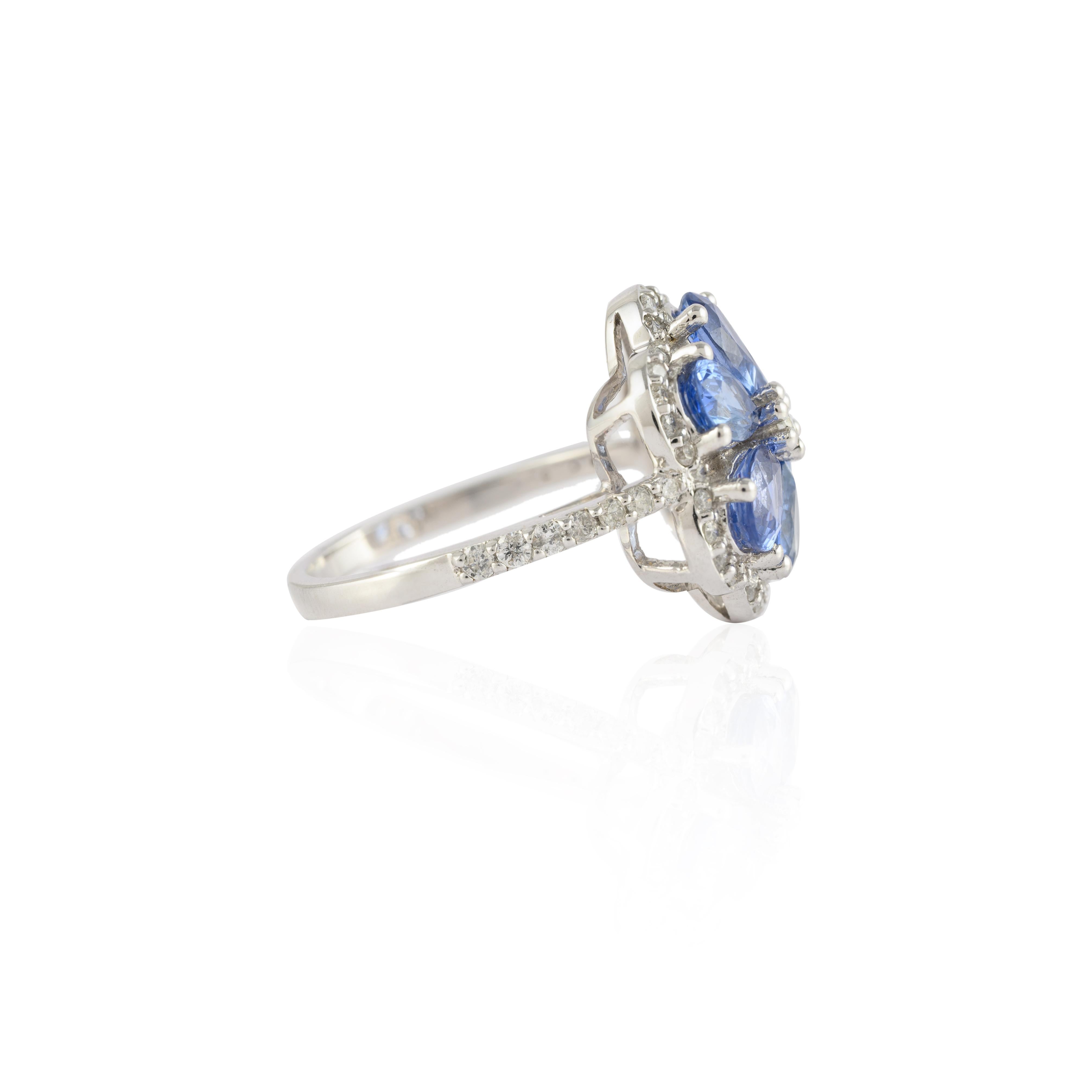 For Sale:  Modern Diamond 3.3 Carat Blue Sapphire Flower Ring 14k Solid White Gold 5