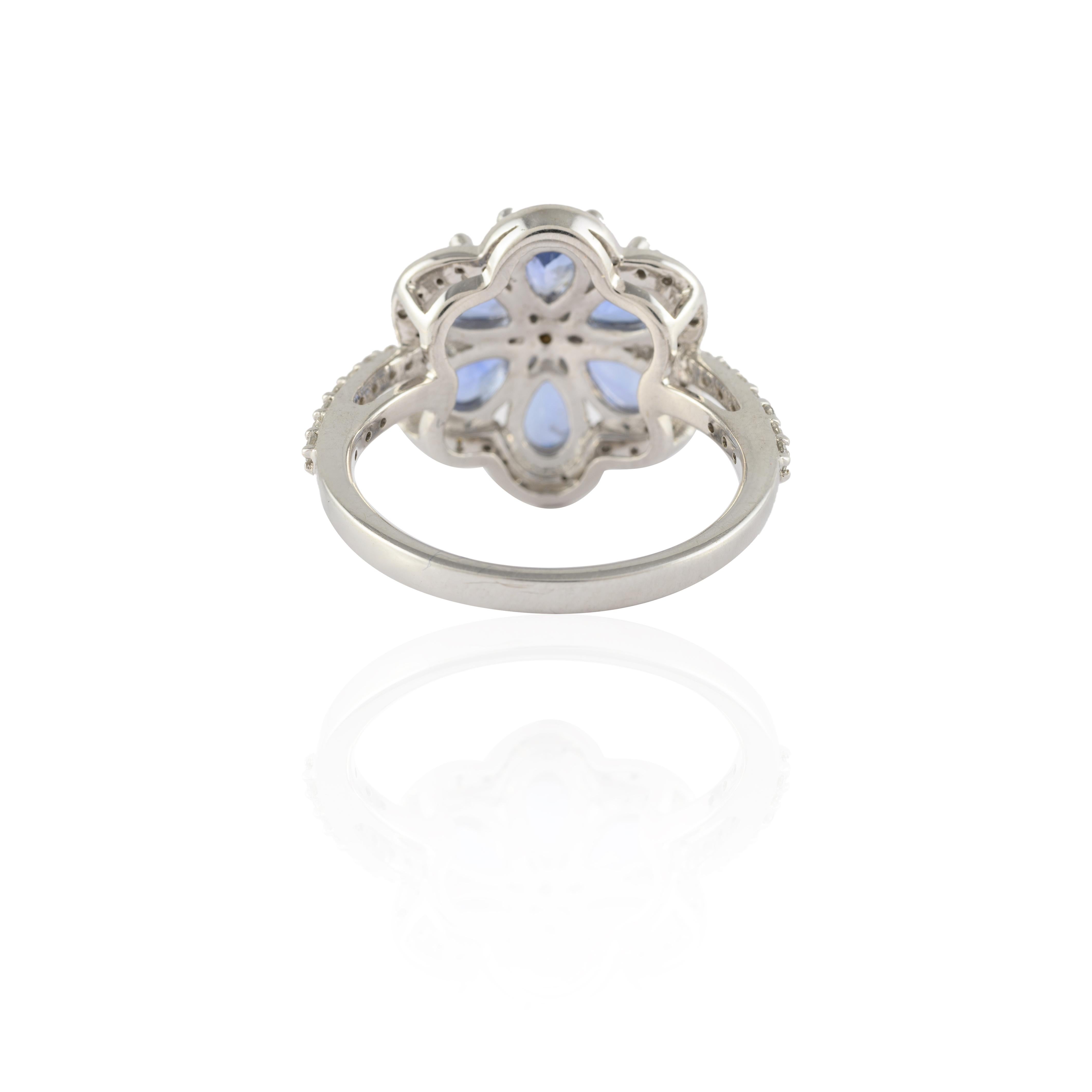 For Sale:  Modern Diamond 3.3 Carat Blue Sapphire Flower Ring 14k Solid White Gold 7