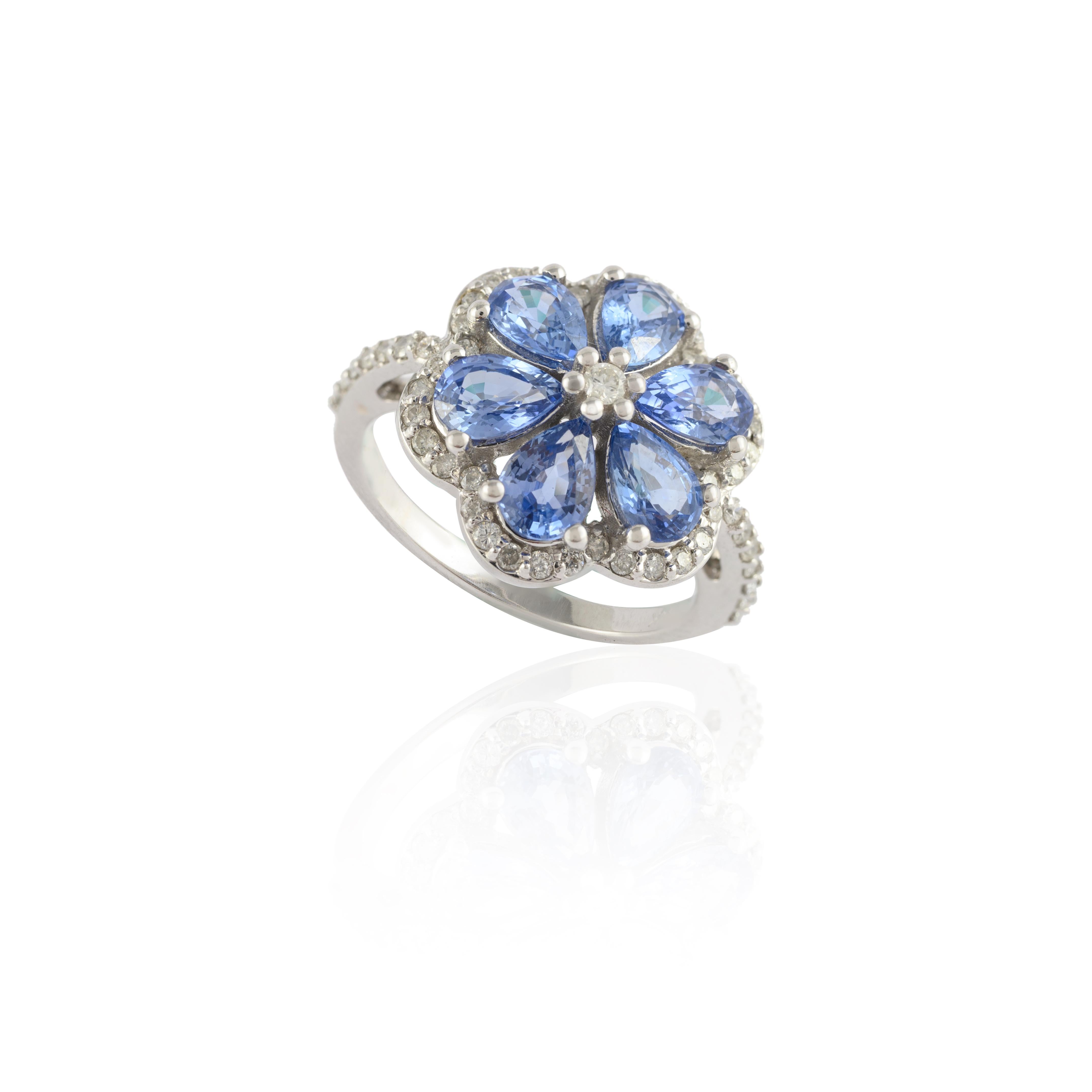 For Sale:  Modern Diamond 3.3 Carat Blue Sapphire Flower Ring 14k Solid White Gold 9