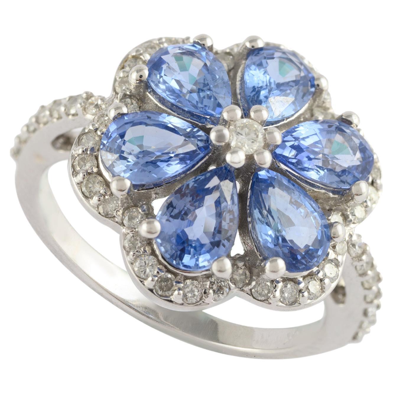 For Sale:  Modern Diamond 3.3 Carat Blue Sapphire Flower Ring 14k Solid White Gold