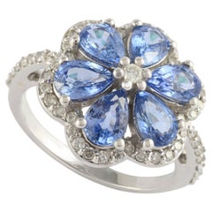 Modern Diamond 3.3 Carat Blue Sapphire Flower Ring 14k Solid White Gold