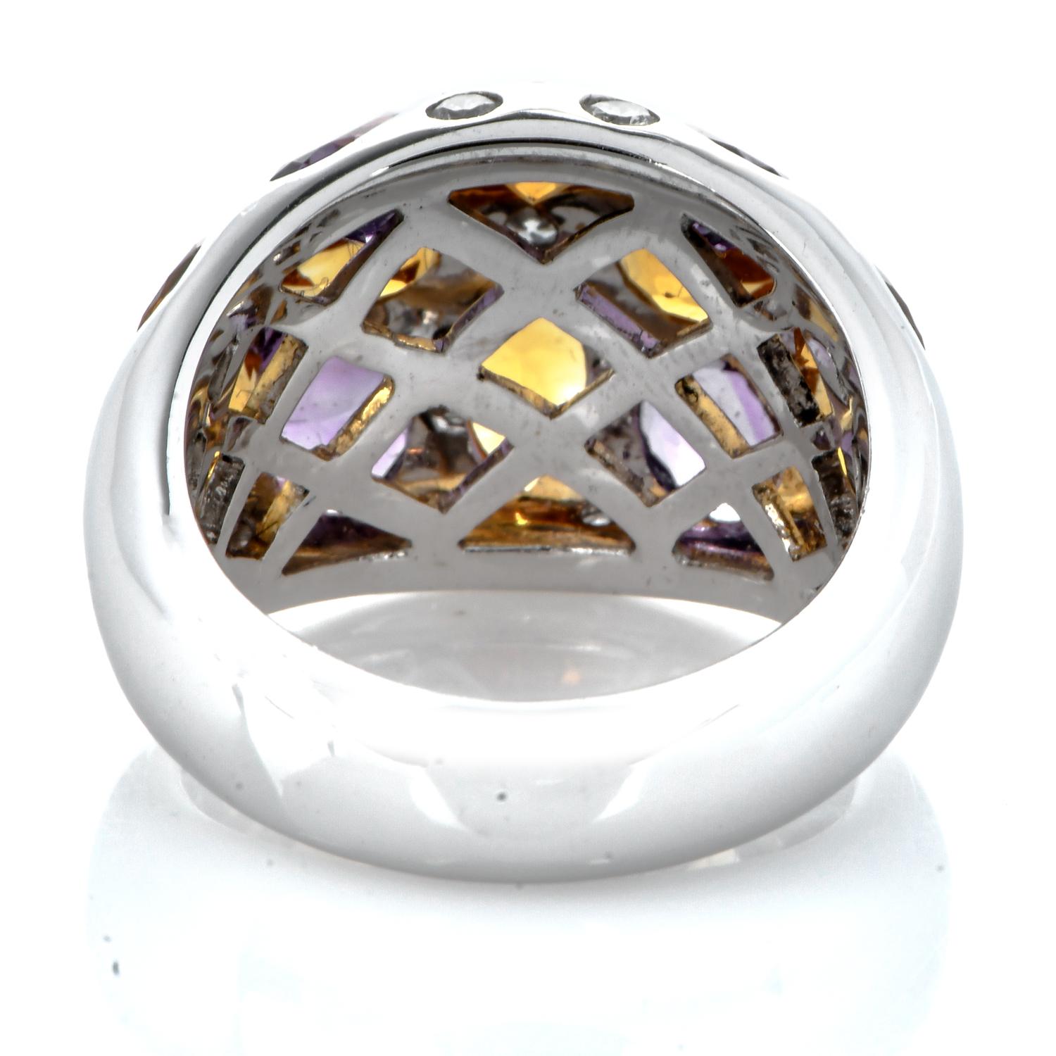 Pear Cut Modern Diamond Amethyst Citrine Gold Flower Dome Ring For Sale