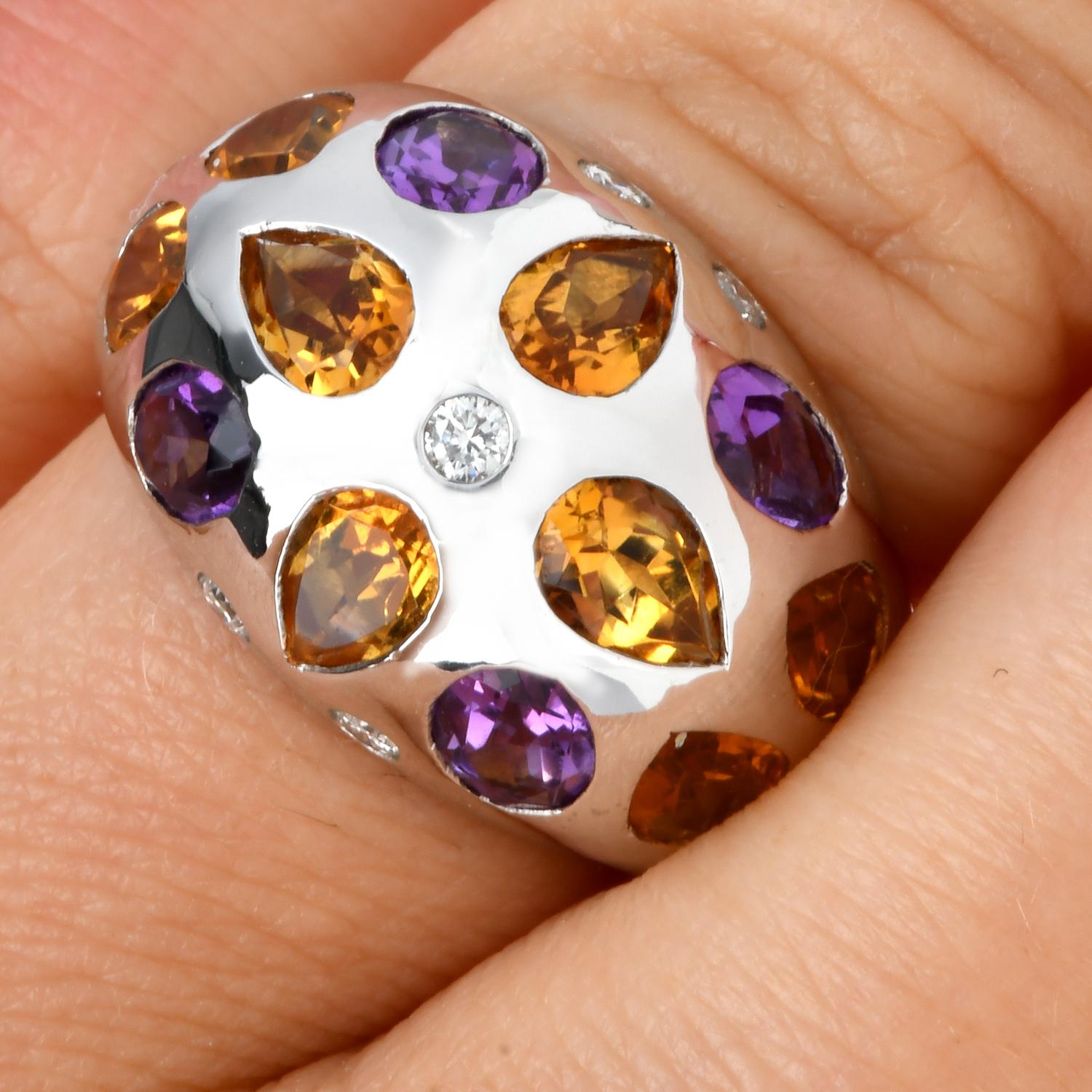 Modern Diamond Amethyst Citrine Gold Flower Dome Ring In Excellent Condition For Sale In Miami, FL
