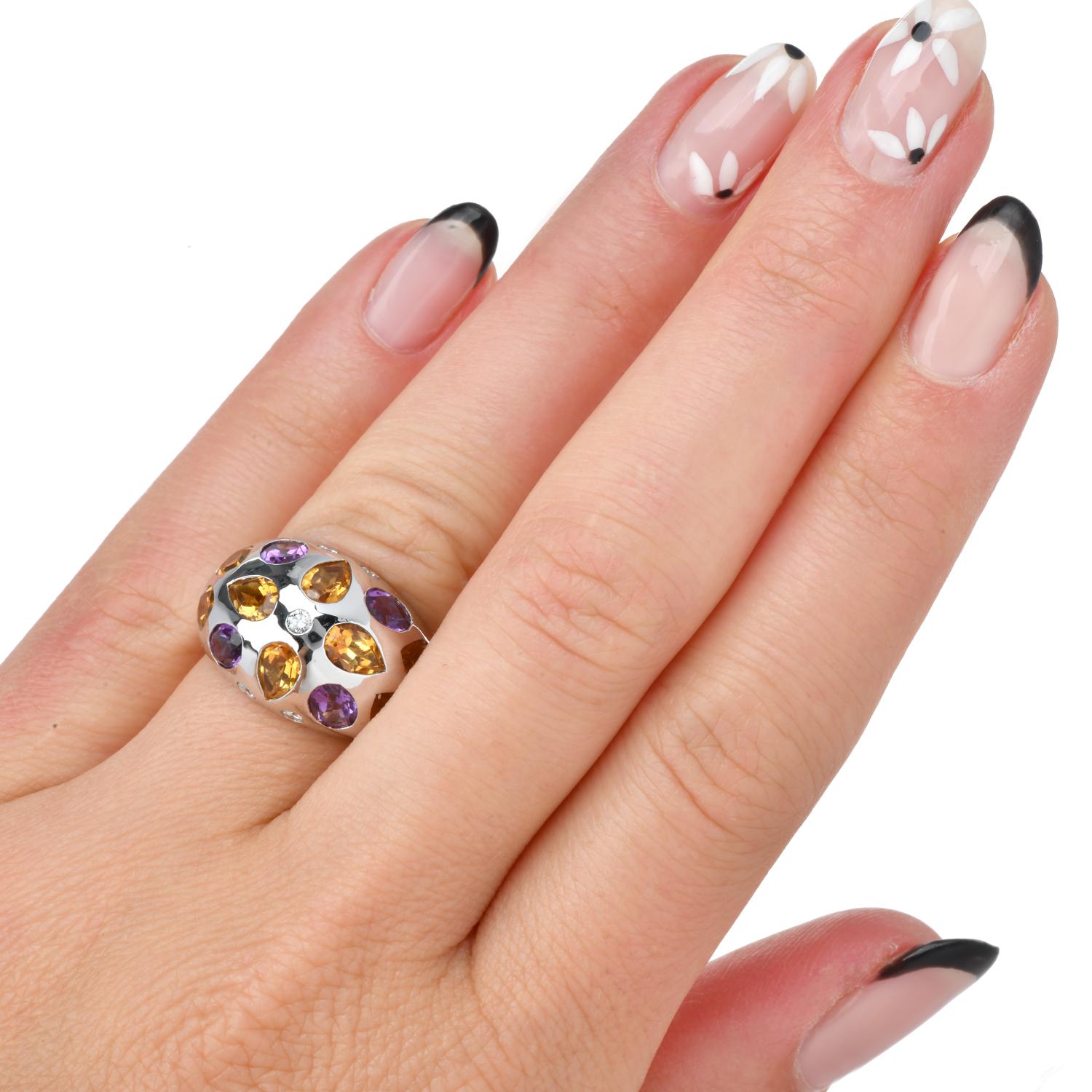 Women's Modern Diamond Amethyst Citrine Gold Flower Dome Ring For Sale