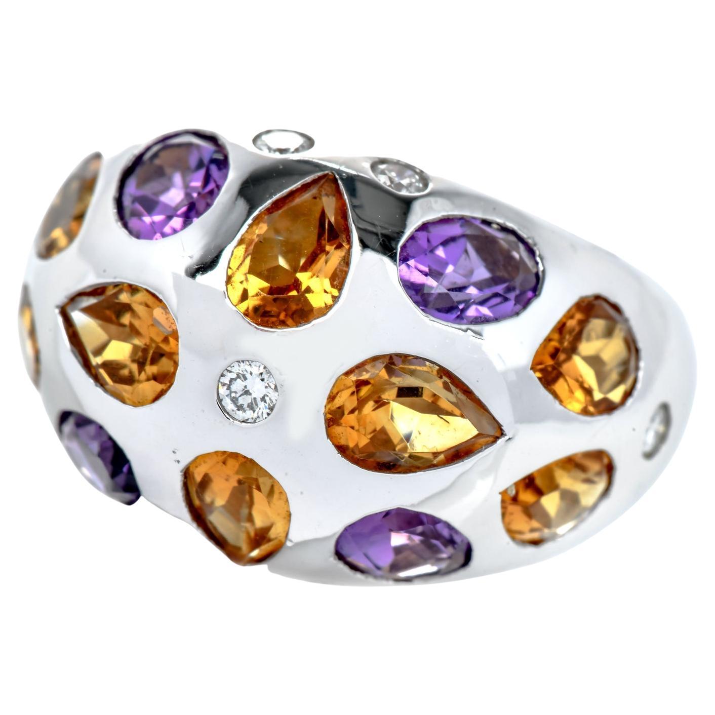 Modern Diamond Amethyst Citrine Gold Flower Dome Ring For Sale