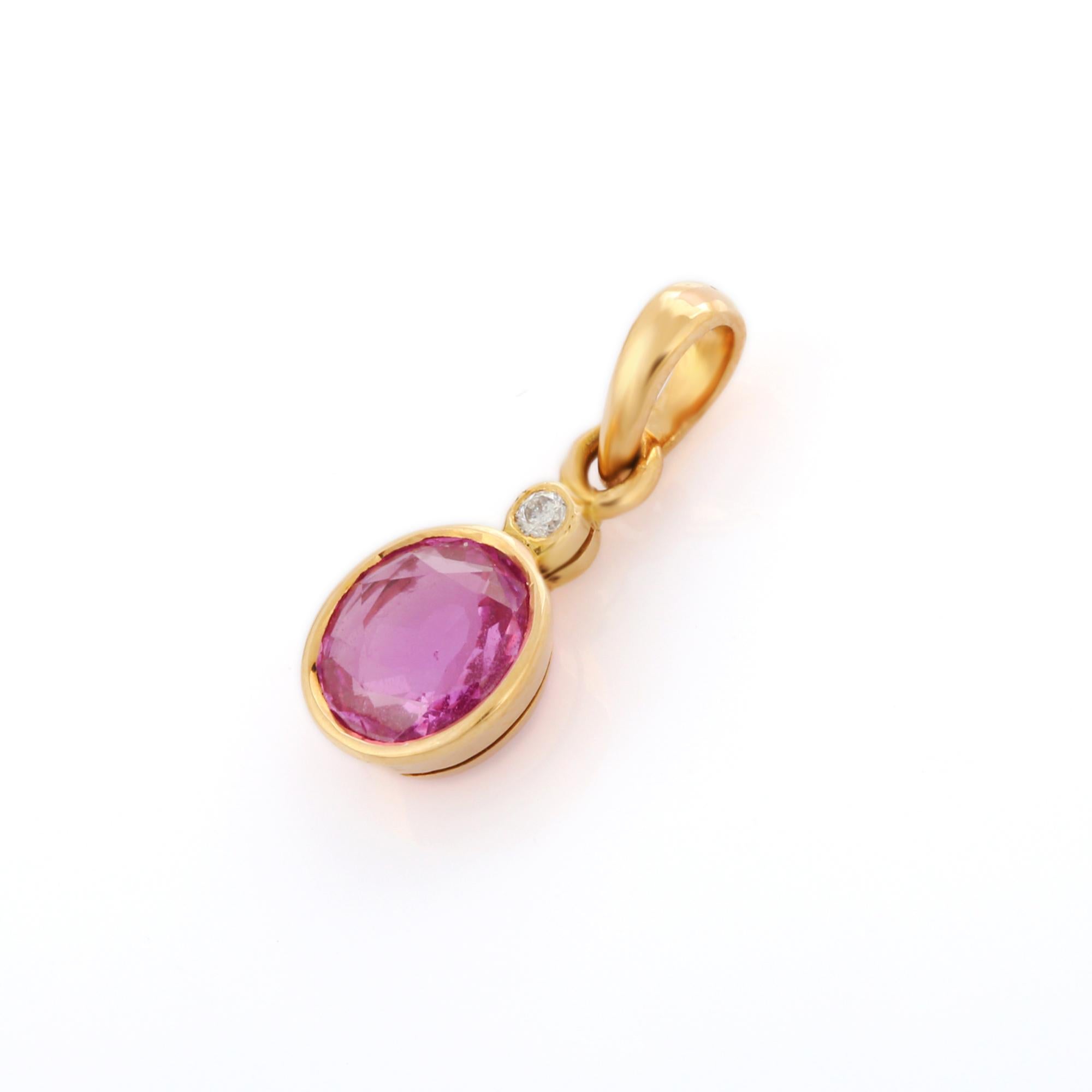 Pink sapphire and diamond pendant in 18K Gold. It has a oval cut sapphire studded with diamond that completes your look with a decent touch. Pendants are used to wear or gifted to represent love and promises. It's an attractive jewelry piece that