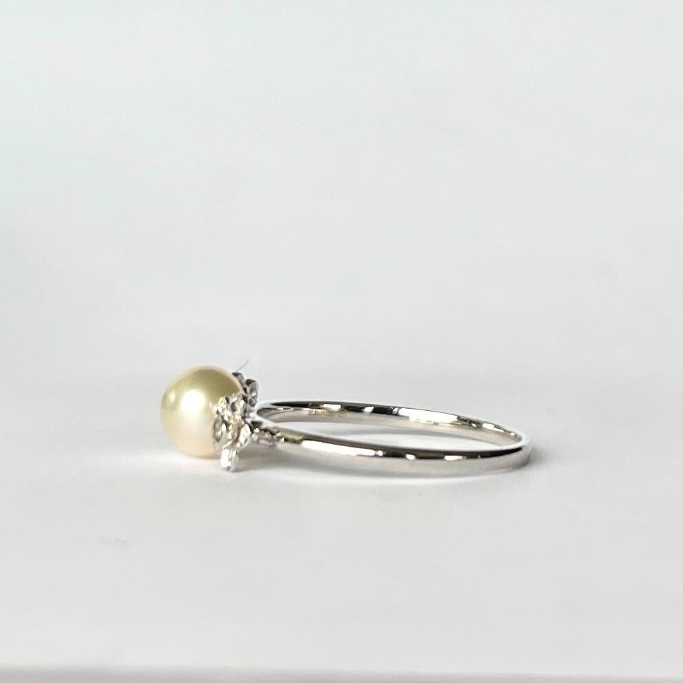 Modern Diamond and Pearl 18 Carat White Gold Ring 2