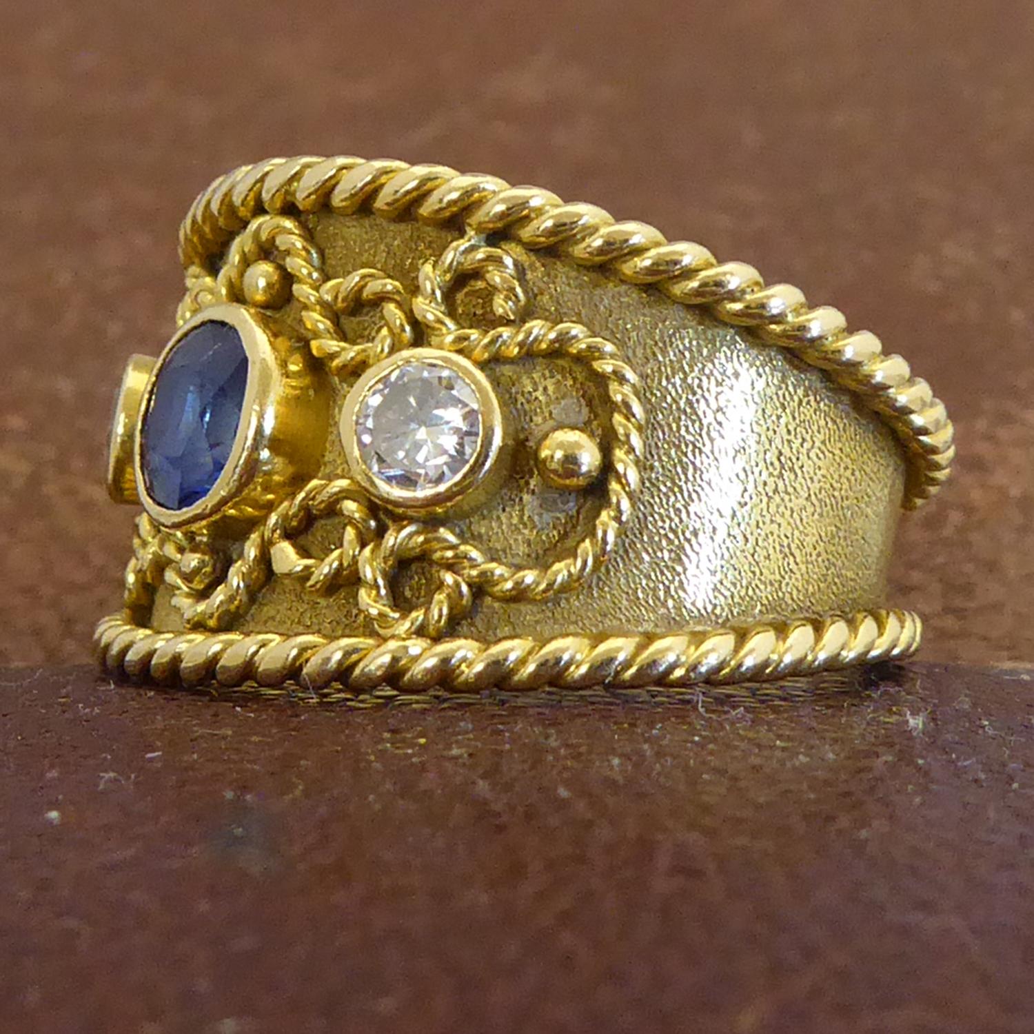 Round Cut Modern Diamond and Sapphire Byzantine Style Ring