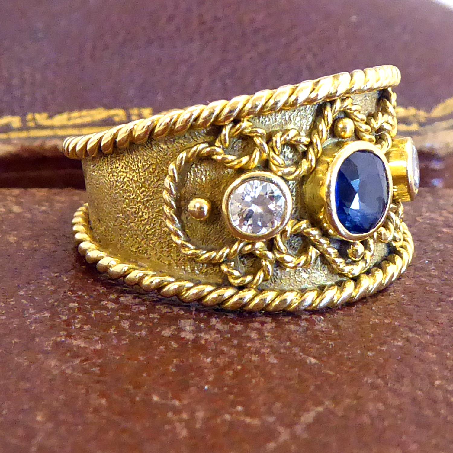 Modern Diamond and Sapphire Byzantine Style Ring In Good Condition In Yorkshire, West Yorkshire