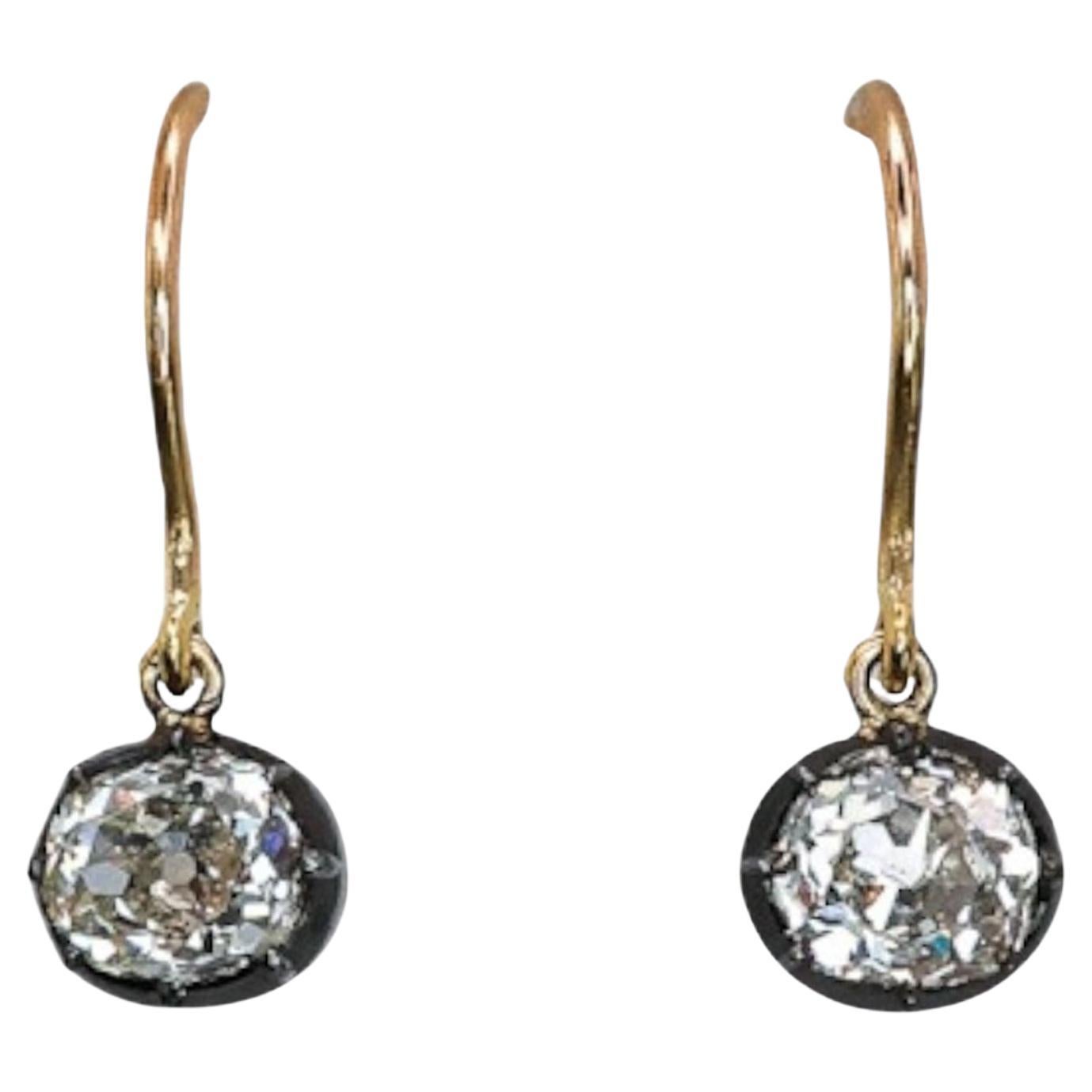 Modern Diamond and Silver Upon Gold Drop Earrings, 1.44 Carats