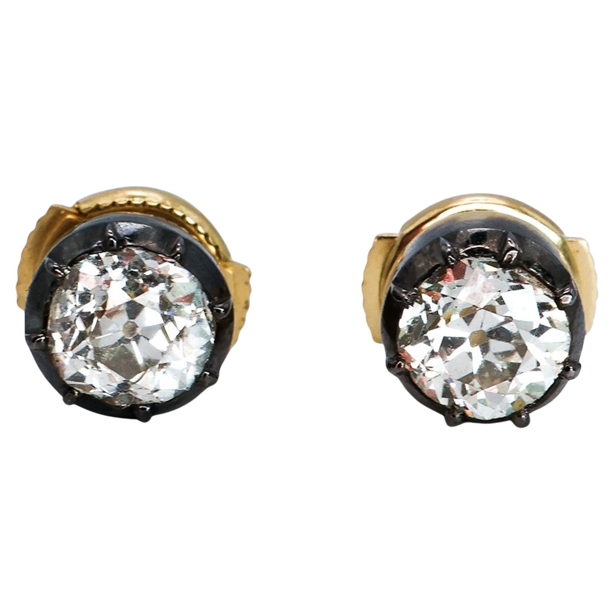 Modern Diamond and Silver Upon Gold Stud Earrings, 1.53 Carats