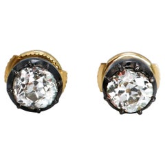 Modern Diamond and Silver Upon Gold Stud Earrings, 1.53 Carats