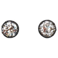 Modern Diamond and Silver Upon Gold Stud Earrings, 1.75 Carats
