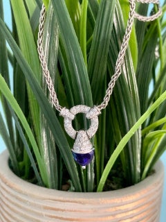 Modern Diamond and Tanzanite Platinum Pendant and Wheat Chain