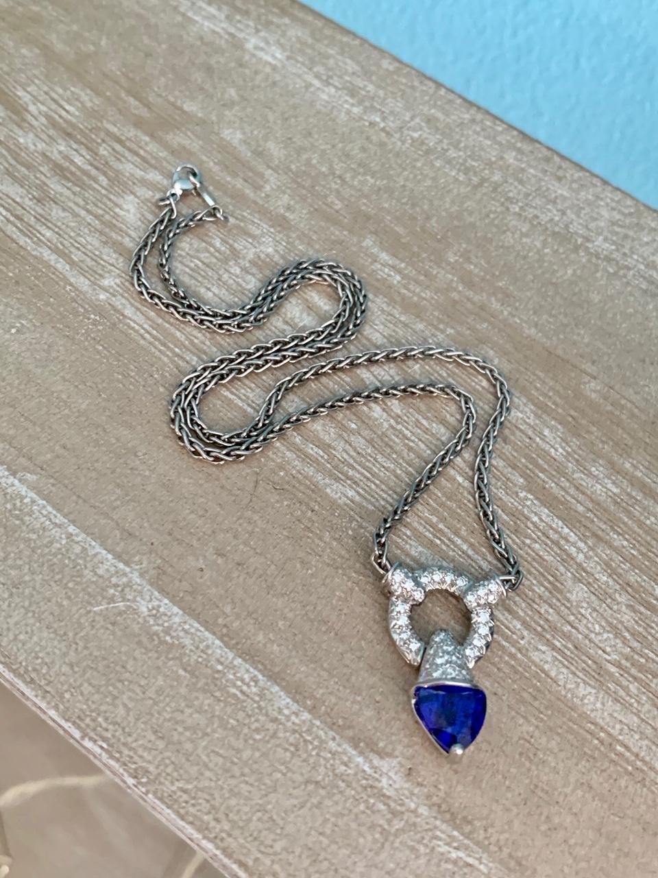 Women's Modern Diamond and Tanzanite Platinum Pendant and Wheat Chain For Sale