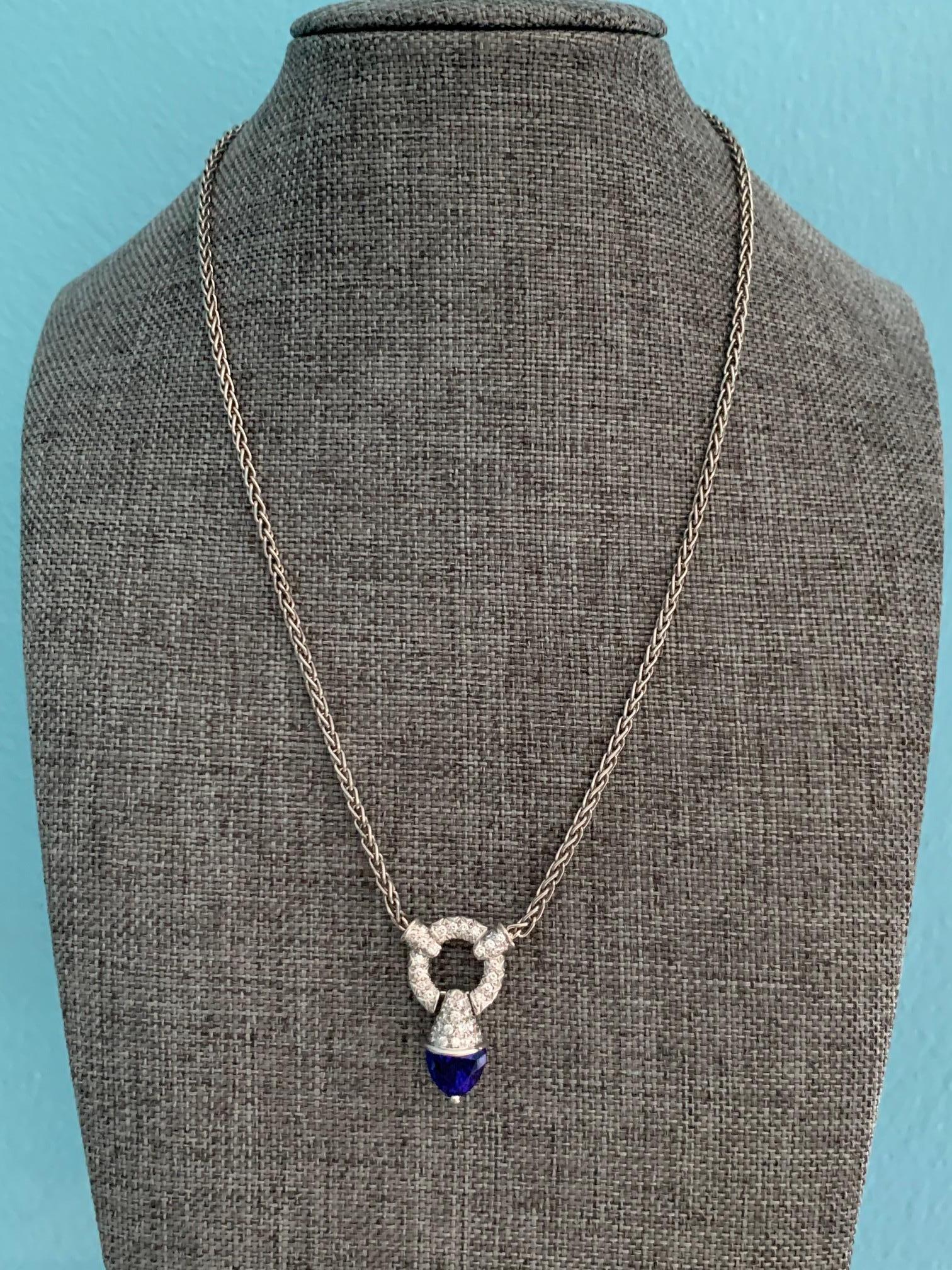 Modern Diamond and Tanzanite Platinum Pendant and Wheat Chain For Sale 2