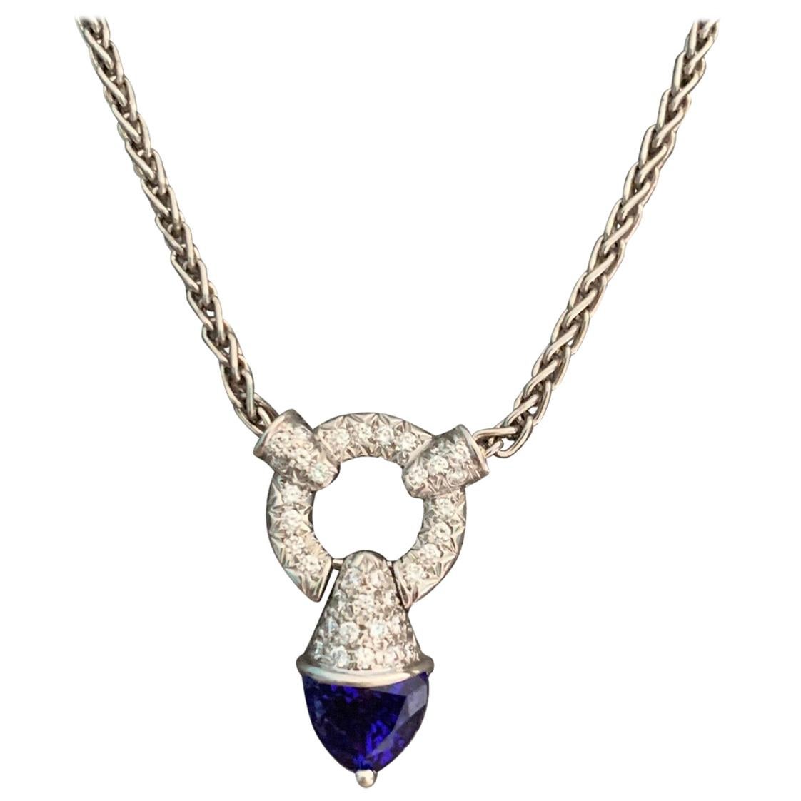 Modern Diamond and Tanzanite Platinum Pendant and Wheat Chain For Sale