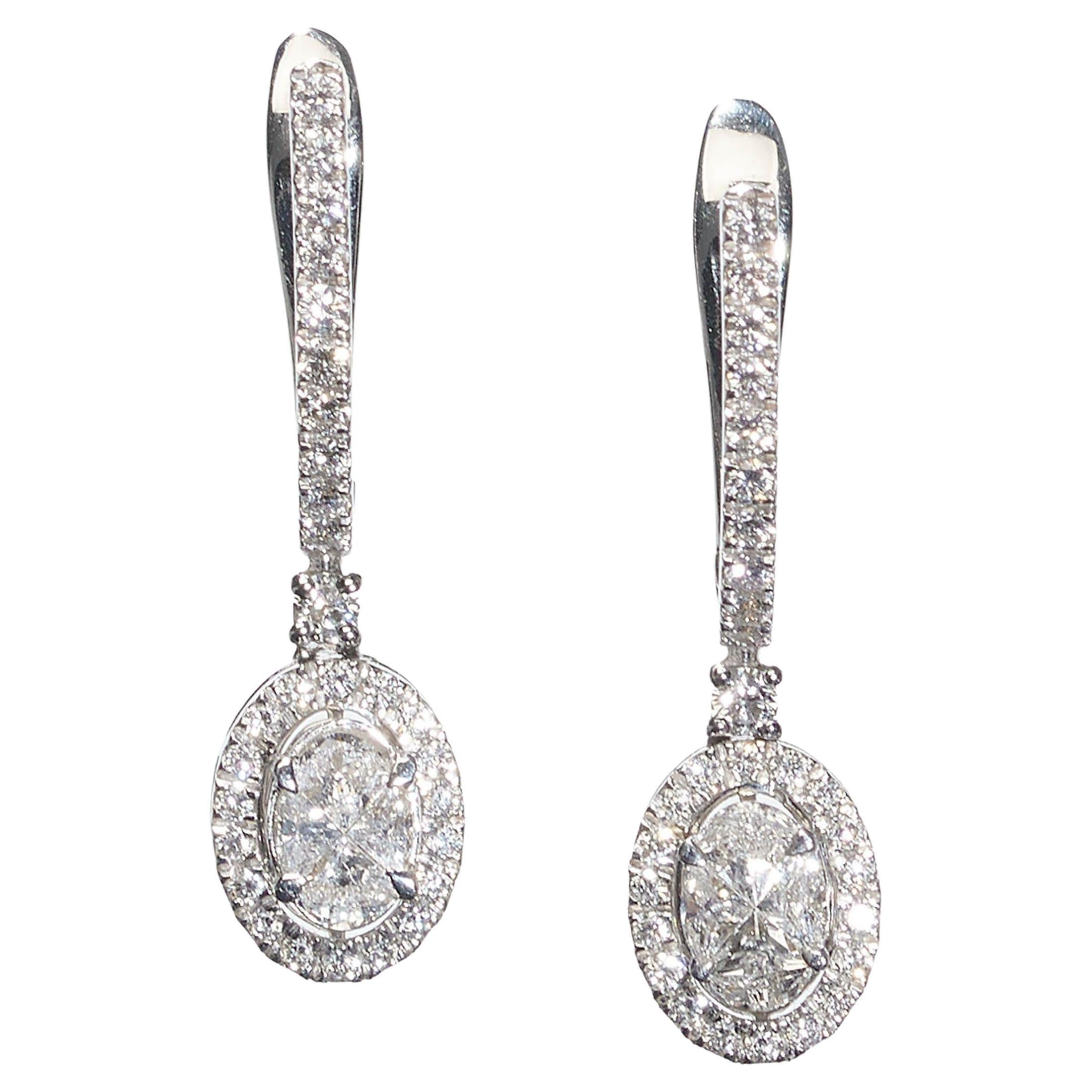 Modern Diamond And White Gold Cluster Drop Earrings, 1.53 Carats For Sale