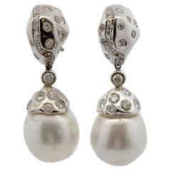 Modern Diamond Baroque Pearl 14 Karat White Gold Drop Leverback Earrings