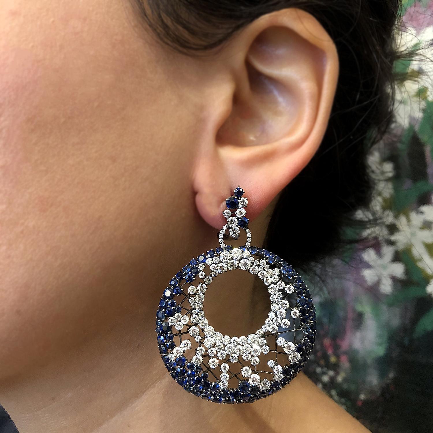 Women's or Men's Modern Diamond Blue Sapphire Black Gold Web Earrings