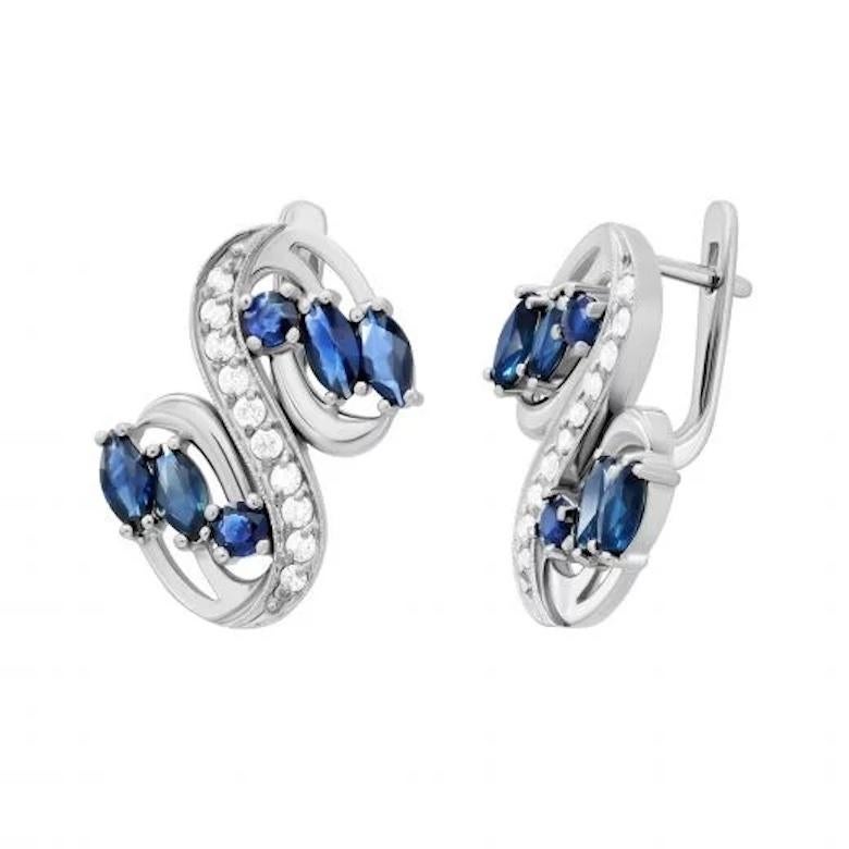 Baguette Cut Modern Diamond Blue Sapphire White 14k Gold Earrings for Her For Sale
