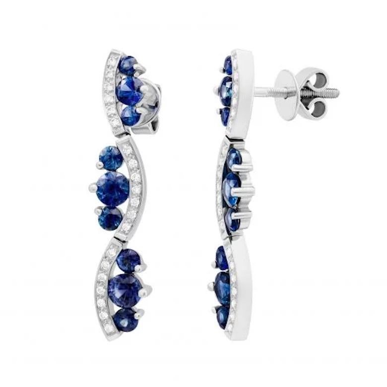 Moderne Diamant-Ohrringe mit blauem Saphir und weißem 14k Gold für sie (Baguetteschliff) im Angebot
