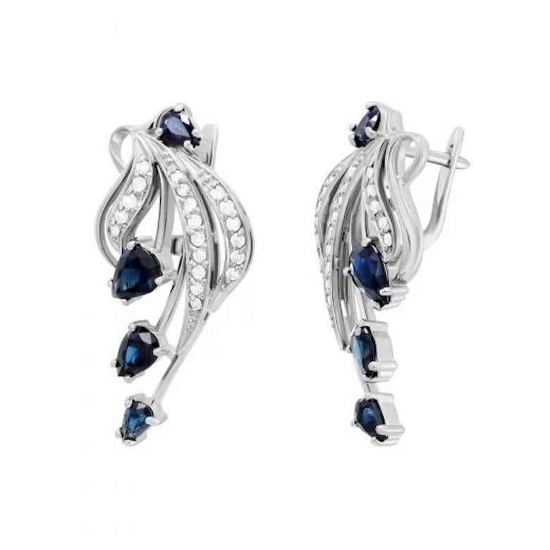 Women's Modern Diamond Blue Sapphire White 14k Gold Earrings for Her For Sale
