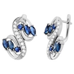 Modern Diamond Blue Sapphire White 14k Gold Earrings for Her